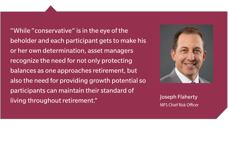 Default Strategies quote from joseph flaherty. Whilw "conservative" is in the eue of the beholder and each participant gets to make his or her own determination, asset managers recognize the need for not only protecting balances as one approaches retirement, but also the need for providing growth potential so participants can maintain their standard of living throughout retirement.