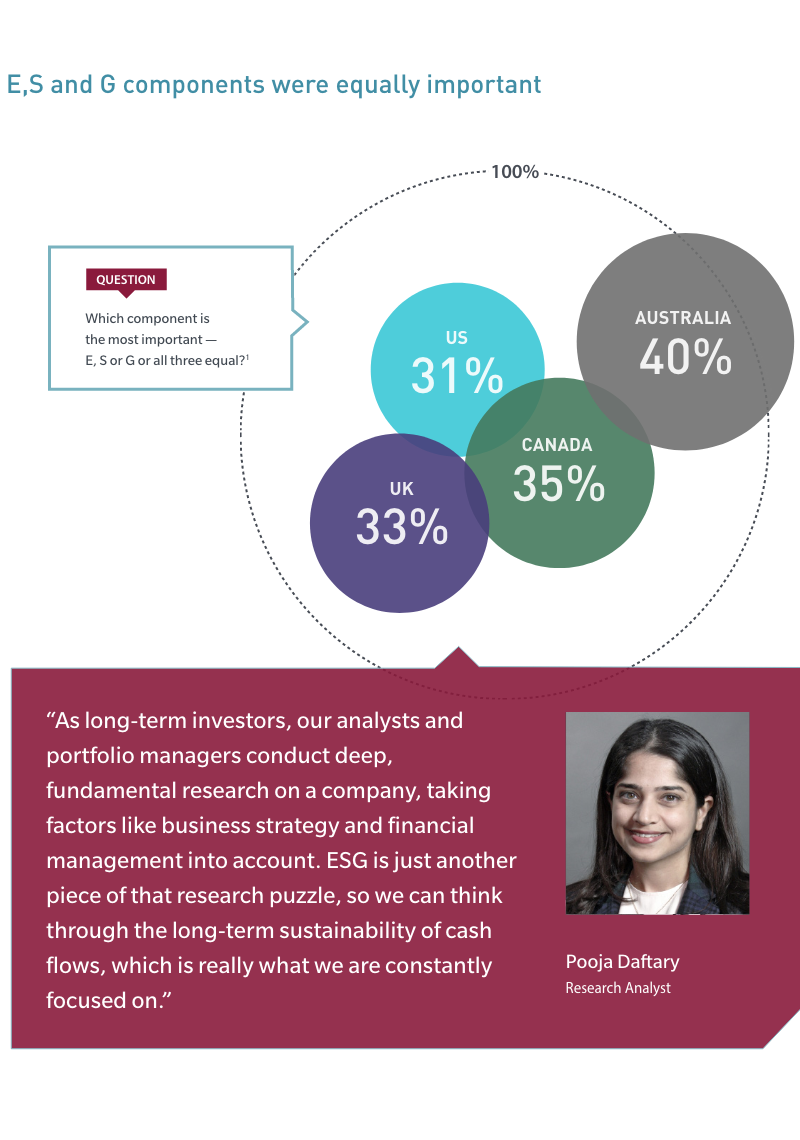Sustainable Investing Graph showing that E, S and G components are equally weighted among US, Canadian and UK participants